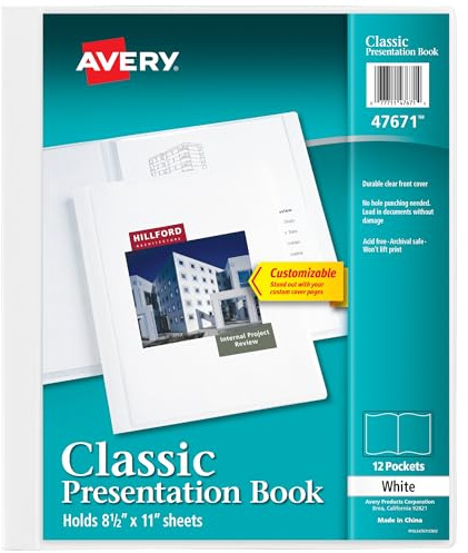 Avery Classic Presentation Book, Clear Front Window for Title Page, 12 Non-stick Pages, 1 White Book (47671)