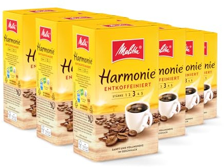 Melitta Harmonie Entkoffeiniert Filter-Kaffee 12 x 500g, gemahlen, Pulver für Filterkaffeemaschinen, koffeinfrei, milde Röstung, geröstet in Deutschland, im Tray | Leichte Röstung, ideal für Filterkaffeemaschinen
