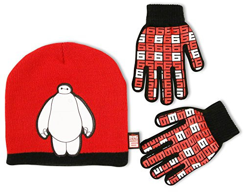 Disney Big Boys Hero 6 Superhero Baymax Jacquard Acrylic Knit Slouchie Winter Beanie Hat with Sulimated Microfiber Character Applique and Matching Gripper Glove Set - Red -