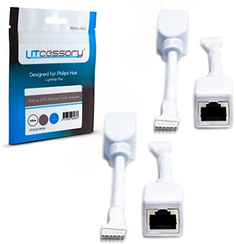 Litcessory Adaptateur de Câble Ethernet RJ45 à 6 Broches pour Philips Hue Lightstrip Plus (Lot de 4 - Deux Paires, Blanc - STANDARD 6-BROCHES V3)
