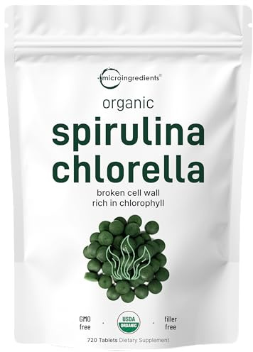 Micro Ingredients Organic Spirulina Chlorella Tablets, 720 Count | 4 Month Supply | 50/50 Algae Blend | Broken Cell Wall | Non-GMO, Filler Free
