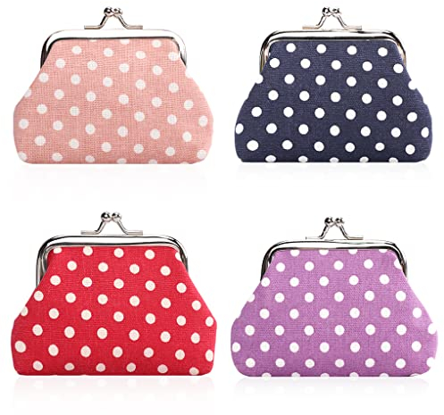 Oyachic 4 Pièces Pois Porte Monnaie Polka Dot Coin Purse Fermoir Clic Clac Vintage Portefeuille Rétro Women Wallet Bourse pour Femme, Garçon