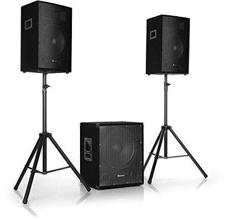 auna Cube 1512 - Set de sonorisation Actif 2.1, 1200W Puissance Totale, 38cm (15) Subwoofer, 2X Enceintes 30cm (12), Technologie bi-Amplification, écho, contrôle Basses et aigus, Noir