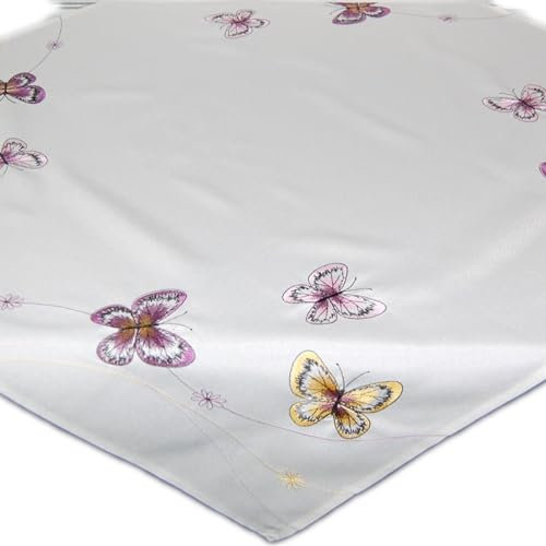 Hossner Tischdecke 85x85 cm Weiß Schmetterlinge Lila Gelb gestickt Zierdecke Sommerdecke Butterfly Kaffeedecke Farfalla