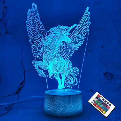 CooPark 3D Einhorn Lampe LED Nachtlicht mit Fernbedienung, 16 Farben Wählbar Dimmbare Touch Schalter Nachtlampe Geburtstag Geschenk, Frohe Weihnachten Geschenke Für Mädchen Männer Frauen Kinder