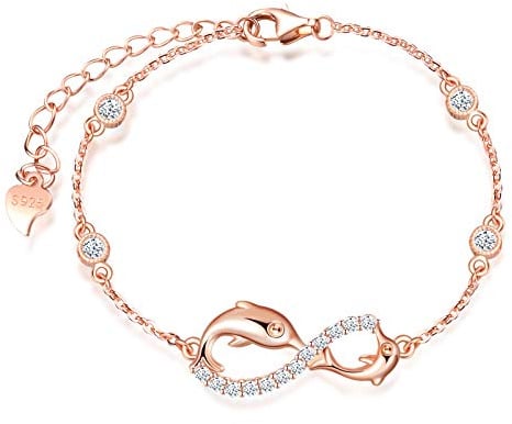 INFINIONLY Ensembles de bijoux en argent 925, Collier boucles d'oreilles et bracelet pour femme, bijoux symbole de l'infini et dauphin mignon, zircon incrusté, or rose, Cadeau de Noël