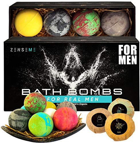 Bath Bombs for Men, Gift Set of 8 Scented Organic Handmade Bath Bombs of 2.5 oz with Natural Essential Oils for Boyfriend, Husband, Father or Friend, by ZenseMe