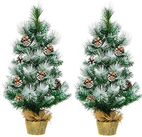 COSTWAY 2FT/60CM Christmas Tree, Small Artificial Xmas Trees with Pine Cones and Base, Holiday Decoration for Indoor Tabletop Garden Pathway (Green+White,2)