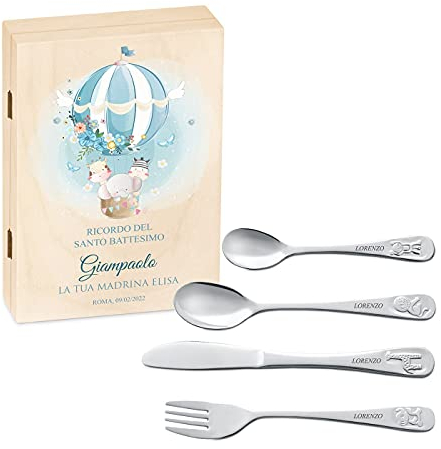 Maverton Set di 4 posate per bambini con incisione + scatola in legno con stampa personalizzata - motivo animali - idea regalo neonato maschio - legame