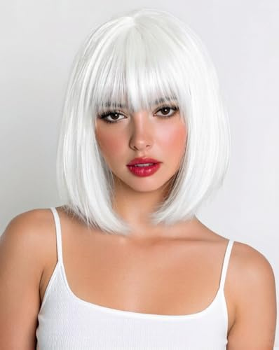 Colorfulpanda Short White Bob Wig with Fringe Fashion Natural Looking Silky Straight Synthetic Heat Resistant Hair Wig for Women Unisex Daily or Party,white