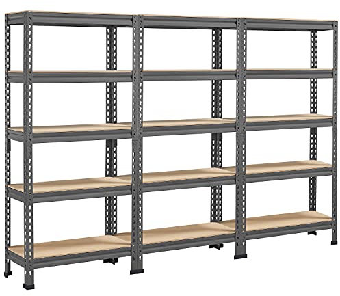 Yaheetech Lot de 3 Etagères de Rangement Étagère Metallique Atelier/Garage/Cuisine Charge Lourde 150 kg par Niveau sans Boulons 150 x 210 x 30 cm/Gris Foncé