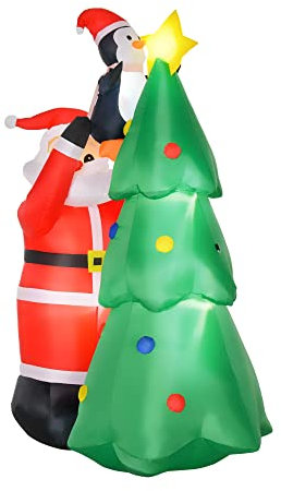 HOMCOM Babbo Natale Gonfiabile 180cm con Albero e Pinguino, Decorazione Natalizia con Luci LED e Gonfiatore per Giardino e Casa