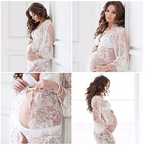 Puntelli for la Fotografia maternità Vestiti Abiti Gravidanza for Le Donne Incinte Abbigliamento Foto Shoot Bianco Nero Abito in Pizzo Abbigliamento (Color : White, Maternity Size : L)