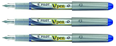 PILOT 3 Stück Einweg-Füllfederhalter V-Pen Silber, mittlere Spitze, Blau