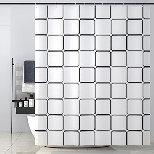 OCEUMACO Rideau de Douche Imprimé Géométrique Anti Moisissure Rideaux Baignoire Design Motif Carré Grand Long Polyester Tissu Imperméable 180x200 cm Lavable Machine avec Anneaux - Blanc Noir
