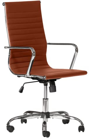 The Workplace Depot Office Desk Chair – Ergonomic Brown PU Leather Chair with Chrome Arms & Swivel Base – Adjustable Padded Seat for Home & Office Use – Compact Size, 112kg Capacity (Brown)
