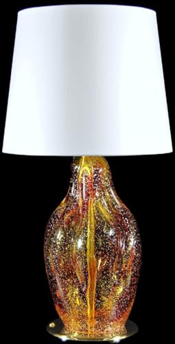 Casa Padrino Luxus Tischleuchte Rot/Gelb/Silber/Weiß Ø 20 x H. 40 cm - Glas Schreibtischleuchte mit rundem Lampenschirm - Glas Tischleuchten - Luxus Tischleuchten - Luxus Schreibtischleuchten