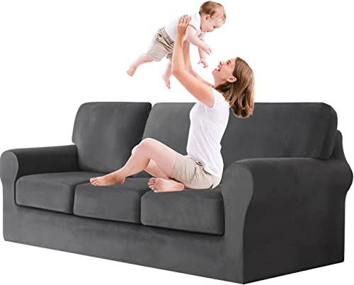 jianyana High Stretch Sofabezug, 1/2/3 sitzerSamt Elastisch Sofa Überwürfe Sofabezug mit Gummizug Einstellband (Grau,3-Sitzer-7Pcs)