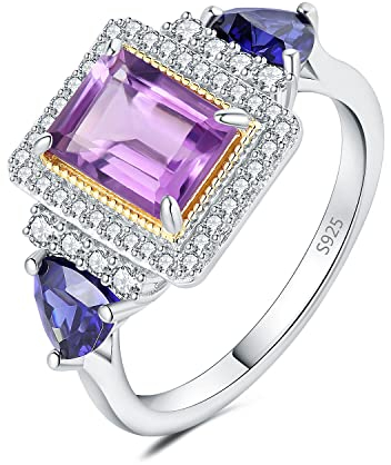 JewelryPalace Vintage Smaragdschliff 1.2ct Echt Lila Amethyst Halo Ring Damen, Blau Erstellt Saphir Schmuck Set, Statement Damenring Silber 925 für Frauen, Silberring Schmuck Mädchen mit Naturstein 51