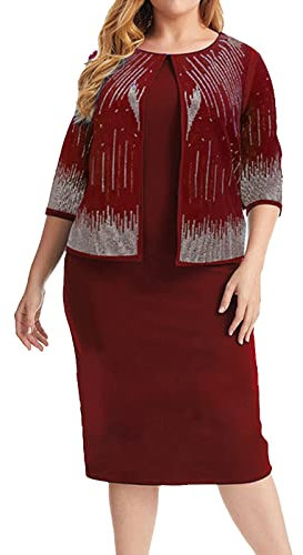 Élégante robe deux pièces à col rond et manches 3/4 pour femme, Rouge, 5XL