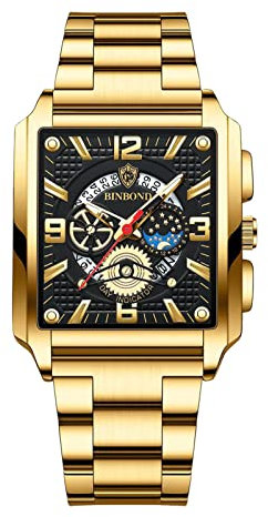 JewelryWe Armbanduhr Herren Datum Kalender 30M Wasserdicht Rechteckige Analog Quarz Uhr Herrenuhr mit Edelstahl Armband und Leuchtend Zeiger, Gold