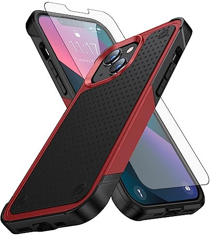 Asuwish Phone Case for iPhone 13/14 6.1 inch with Tempered Glass Screen Protector Cover and Cell Accessories Protective Mobile Rugged Hybrid iPhone13 iPhone14 5G i i-Phone i13 i14 Women Men Red+Black