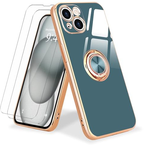 Urarssa for iPhone 15 Case with Ring Holder 360 Degree Rotation Finger Magnetic Car Stand Case Shockproof Plating Silicone Phone Cover for iPhone 15, Grey