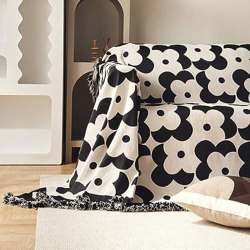 Sofa Überzug 180x420cm, Schwarz weiße Blumen mit Quasten Couch Überzug 4 Sitzer Couch Überzug Antirutsch Schwarz Weiß Sofa Überzug für Wohnlandschaft