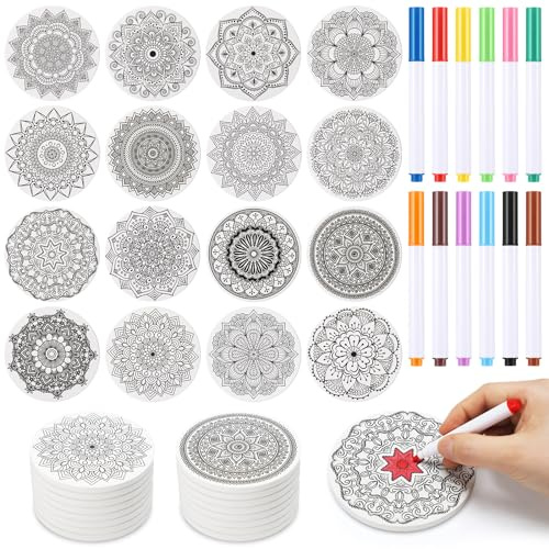 Resurhang 16 Pcs Mandala Ceramic Coasters for Drinks Color Your Own Coaster Mandalas Set DIY Absorbent Cup Mat with 12 Markers and Cork Base Art Crafts Gifts for Adult Home Table Decoration