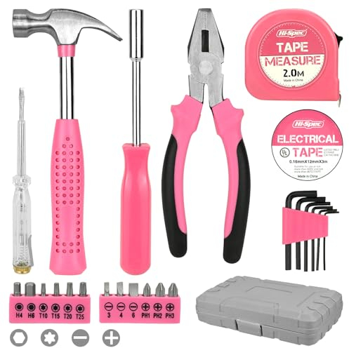 24 PCS Pink Tool Kit for Women Ladies, Household DIY Tool Kit, Mini Tool Box Set with Pliers Wrenches Hammer Tape Measure Bit Drivers Handle, Basic Hand Repair General Tool Sets for Home & Office