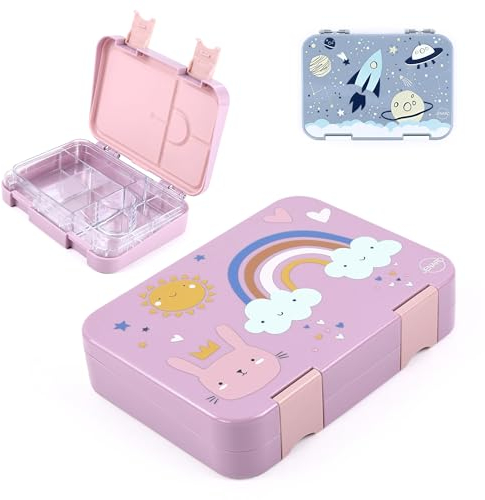 Jenard® Brotdose, Bento Box, Lunch Box, Vesper Box für Kinder mit Fächern, auslaufsicher, spülmaschinenfest, kindgerecht und BPA-Frei, 2 verschiedene Ausführungen (Pink/Rosa, Regenbogen)