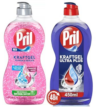 PRIL Kraftgel-Set 1x Power & Perlen Granatapfel & Orangenblüte & 1x Ultra Plus, Handgeschirrspülmittel-Set mit höchster Fettlösekraft, für sauberes Geschirr, 2x 450ml