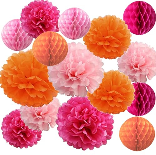 Party-Dekorationen, Seiden-Pompons, Wabenpapier, Blumen für Mädchen, groovig, Geburtstag, Babyparty, Hochzeit, Junggesellinnenabschied, Sommer, Flamingo, Party, Kinderzimmer, Wanddekoration, 15 Stück