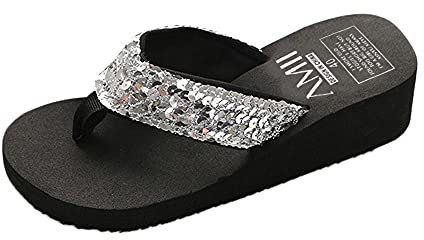 Flip-Flops für Damen, elegant, Sommer, signiert, Fußbett, hoch, bequem, EVA-Gummi, leicht, Platform, Flip Flop, Duschschuhe mit Keilabsatz, Pool, rutschfest, Absatz Strand Sandalen, Sjf733 Sliver, 36