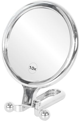 Miroir Double Face, Miroir Grossissant à Main Avec Double Face 1X/10X, Miroir À Main avec Poignée, Miroir à Main Pliant de Voyage, Grand Miroir Grossissant (Acrylonitrile butadiène styrène, Argent)