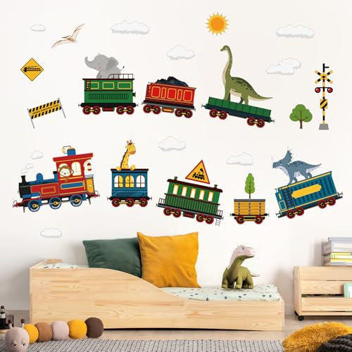 decalmile Wandtattoo Zug Tiere Wandaufkleber Elefant Giraffe Dinosaurier Wandsticker Junge Kinderzimmer Babyzimmer Spielzimmer Wanddeko