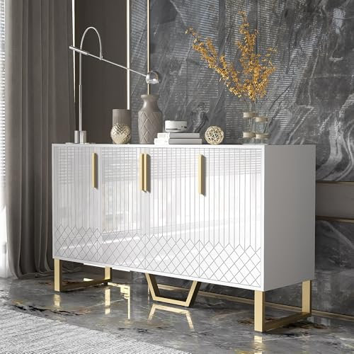 Azkoeesy Sideboard 140 cm Weiß Hochglanz mit 4 Türen & Goldene Metallfüßen - Küchenschrank Buffet mit XL-Stauraum für Wohnzimmer und Kücheneinrichtung