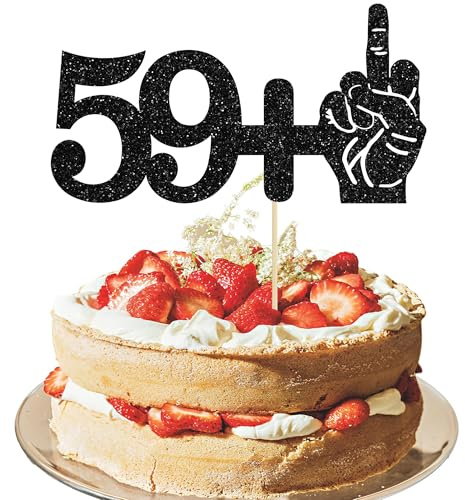 Ephlyn 1Pc 59+1 Middle Finger Black Glitter Cake Topper 60th Birthday Party Cake Decorations for Funny Sixty Years Old Birthday Party Supplies
