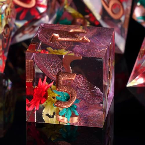 ORUZA 7 Stück Polyedrische Würfel Set Blume DND Würfel Set Harz Scharfe Kanten D&D Würfel für Dungeons und Dragons Pathfinder MTG Rollenspiele Tischspiele Würfel