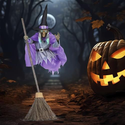 Kosinso Fliegende Hexe Auf Besen, Flying Witch Halloween, Halloween Deko Outdoor, Animatronic Halloween Figuren mit Gruseligem Sound und Lichtern für Halloween Deko Outdoor Garten