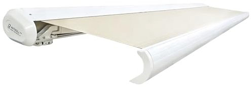 INTELROLL INT500 Full Cassette Retractable Awning, Canopy 2.5m x 2m (8.2ft x 6.6ft) For Garden Patio or Shop Front Manual Control White Frame with Acrylic Fabric 320gsm in Cream Desert
