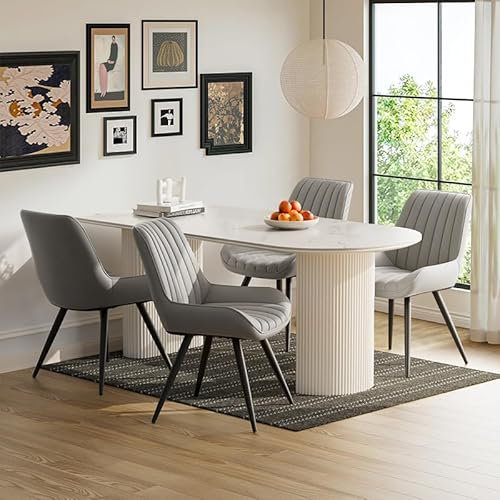 Moderner gepolsterter Esszimmerstuhl - Extra dickes Sitzkissen, Künstlicher Stoff Esszimmerstühle Küchenstuhl Polsterstuhl Wohnzimmerstuhl Sessel mit Rückenlehne, Metallbeine (Grau, 4er Set)