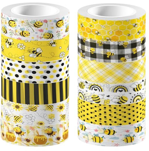 craspire 12 Rolle Bienen Klebeband Washi Masking Klebeband Honigblume Waben Gelbe Hummel Dekoratives Geschenkverpackungsband Für Scrapbooking DIY Basteln Tagebuch Notizbuch Planer Umschlag
