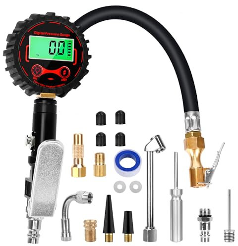 Luftdruckprüfer Reifenfüller Set, Reifendruckprüfer 3~250PSI Multifunktional Digitaler Reifendruckmesser mit mehrere Ersatzteile Ventil Kern Werkzeug, Reifenfüll Messgerät für Fahrzeug Motorrad Autos