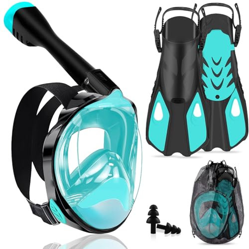 Joellfuner Schnorchelset Erwachsene mit Flossen, Tauchmaske Vollgesichtsmske, Kein Beschlagen, 180° Sichtfeld und Kamerahaltung, Einstellbar Flossen mit Etui, für Schnorcheln Tauchen (Grün, L/XL)