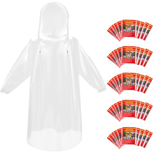 Bruvoalon 6 & 20 & 50 Pack Disposable Rain Ponchos for Adults/Youth, Waterproof PE Raincoats with Drawstring, Camping/Emergency