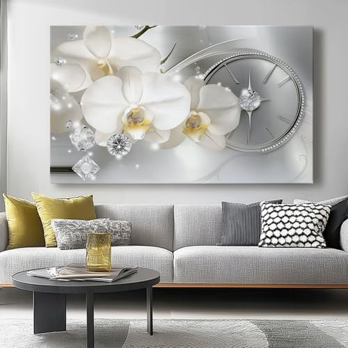 Canvas Wall Art, Flowers Orchids Luxury Pictures for Living Room and Bedroom, 120L x 50W cm Canvas Prints Minimalist Modern Artwork for Bedroom Office Home White Silver