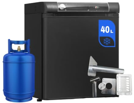 Techomey Campervan Fridge 40L, 3 Way Fridge Camping with Gas Flue Kit | for Ventilation, 12V 240V Gas for Caravan, RV, Motorhome, Truck, Boat, Car, Quiet, Black
