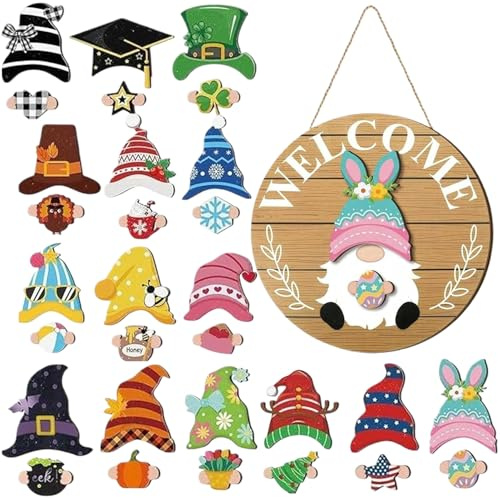 Gnome Interchangeable Welcome Sign Decor 30Pcs Seasonal Wooden Welcomes Home Signs With Magnet Pieces And Detachable Hats Halloween Gnome Welcome Sign Decor For Home Front Door