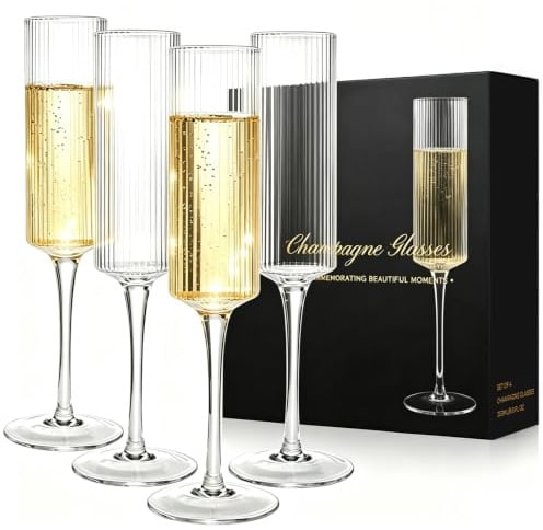 Champagne Flutes Set of 4, 250ml 8.8Oz Vertical Stripe Prosecco Glasses | Champagne Glasses for Prosecco Sparkling Wine, Party Gift for Bride Groom Couple Engagement Wedding Anniversary Birthday